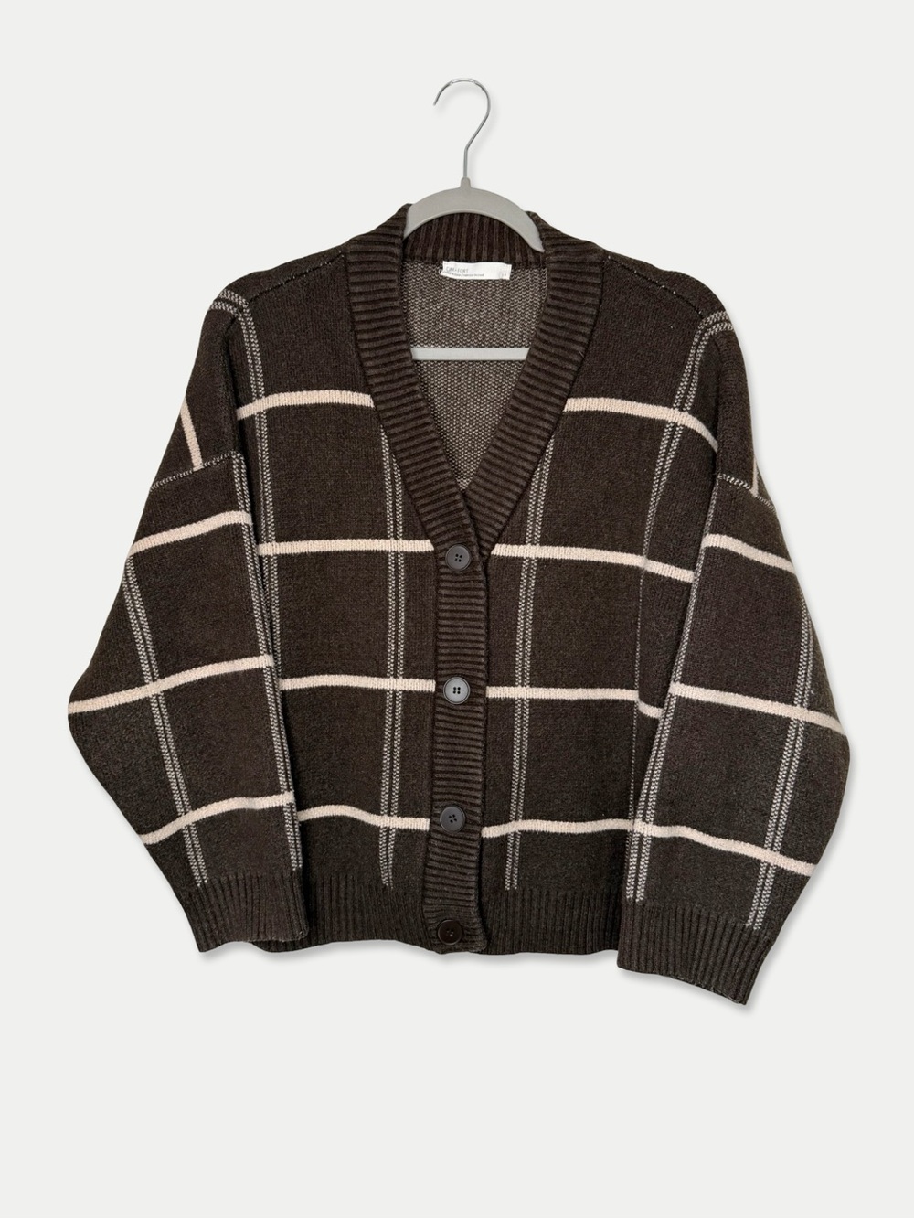 Oak + Fort Oversized Windowpane Plaid Cardigan Brown Small